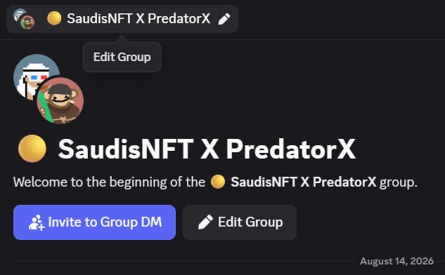 A Discord group titled "SaudisNFT X PredatorX" has been created, with a welcome message reading "Welcome to the beginning of the SaudisNFT X PredatorX group." This corresponds to the announcement of a collaboration between SaudisNFT and PredatorX for a 5555-supply NFT collection launching on Robinhood.