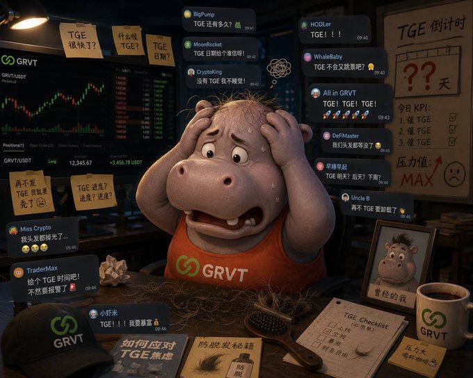 A stressed cartoon hippo in a GRVT t-shirt clutches his head while surrounded by chat messages from community members like BigPump, MoonRocket, WhaleBaby, and CryptoKing repeatedly asking about the TGE (Token Generation Event), with a countdown showing 23 hours and 27 minutes remaining, a "TGE Checklist" on the desk, and multiple sticky notes pleading "TGE soon??"—perfectly illustrating the community's anxious anticipation as the event deadline approaches.