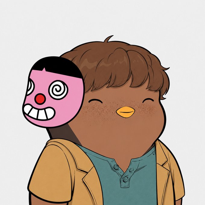 A cartoon illustration featuring a bird-like character with brown feathers and an orange beak in a tan jacket, accompanied by a smaller pink masked clown-like figure peeking from behind its head.