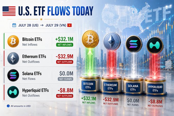 A U.S. ETF Flows infographic showing data for July 28-29: Bitcoin ETFs +$32.1M, Ethereum ETFs -$32.9M, Solana ETFs $0.0M, and Hyperliquid ETFs -$8.8M.