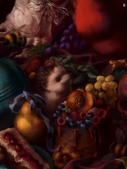 A richly detailed digital illustration of a hedgehog surrounded by an abundance of fruits, including grapes, pomegranates, pears, strawberries, and bees, rendered in a classical still-life painting style.