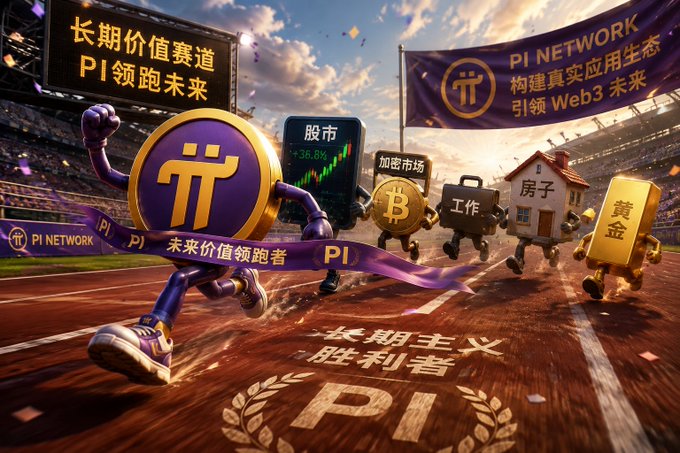 A cartoon PI coin mascot wearing a headband sprints on a track carrying briefcases labeled with items like "股票" (stocks), "工作" (job), "房子" (house), and "黄金" (gold), alongside a banner reading "PI NETWORK - 构建真实应用生态 - 引领Web3未来" and track markings stating "长期主义胜利者 PI."

The image visually reinforces the post's message by depicting PI coin as a long-term winner's race, showing how holding 10,000 PI and engaging in ecosystem initiatives can secure wealth across multiple life assets—stock market gains, jobs, housing, and gold—aligning with PI's vision of long-term value rather than quick gains.