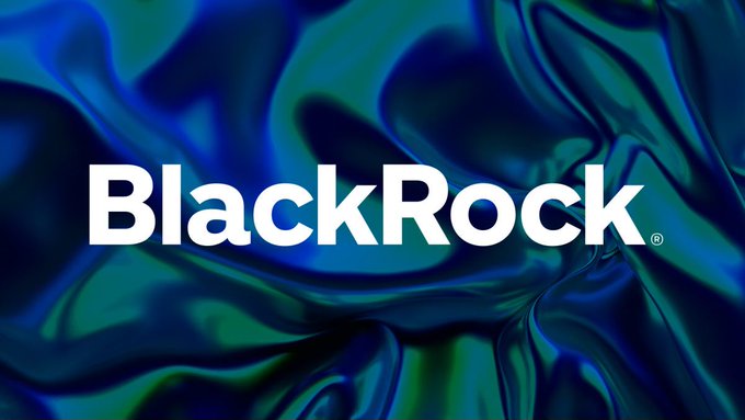 The image displays the BlackRock logo in white text against a flowing, iridescent blue and teal background, which serves as a sleek visual representation of the company's recent launch of its first tokenized fund access in Europe—issuing onchain share classes on Ethereum in partnership with JPMorgan's Kinexys for select money market funds totaling $311 billion in assets under management.