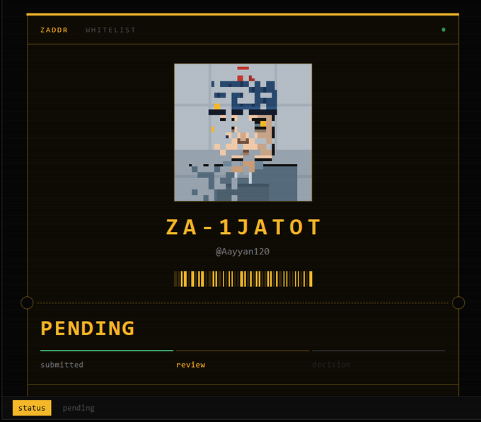 A digital whitelist application status screen shows the username "ZA-1JATOT" (@Aayyan120) as PENDING review, featuring a pixel art avatar.
