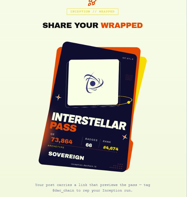 An 'Inception // Wrapped' digital pass titled 'INTERSTELLAR PASS' with rank #4,674, 73,864 OE, and 66 badges for the 'SOVEREIGN' archetype on inception-dachain.io.