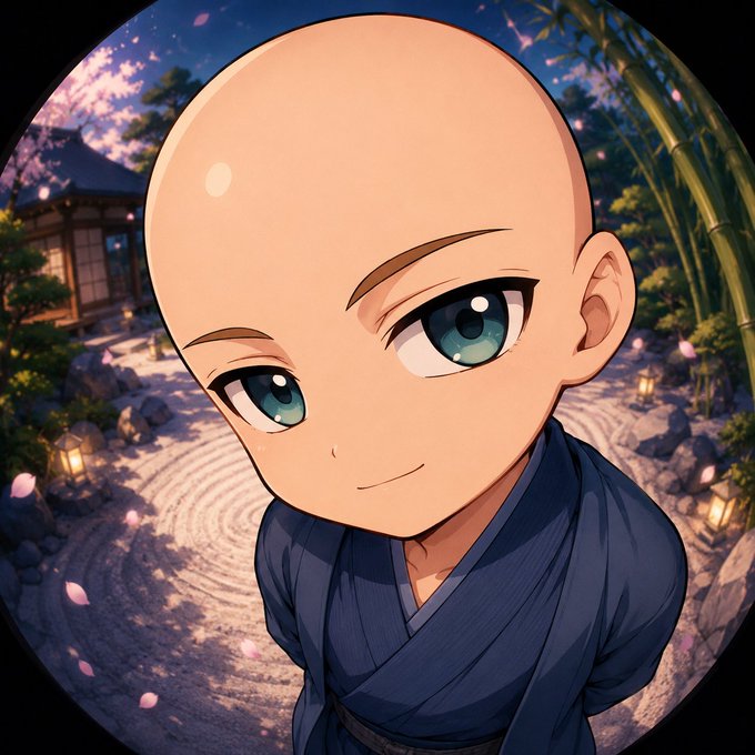 The image features a young boy wearing a blue robe, standing against a backdrop of bamboo trees and lanterns. The boy has a bald head and is looking directly at the camera with a smile on his face. The scene appears to be set in an alleyway or courtyard, which adds depth to the composition.