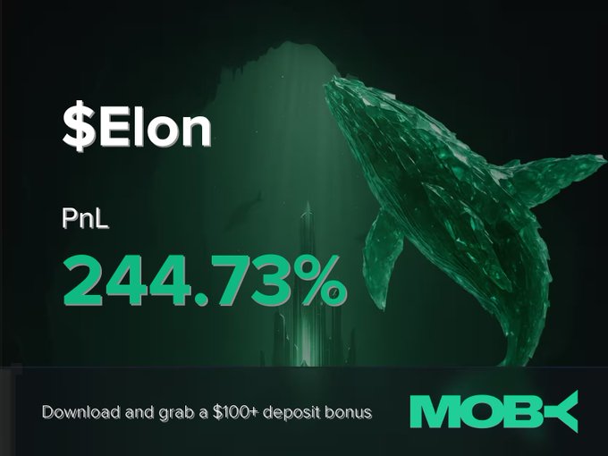 A Moby promotional graphic features a green whale silhouette in an underwater scene alongside the text "$Elon" and a PnL of "244.73%", highlighting the trader's gain, with a call to download the app and claim a $100+ deposit bonus.