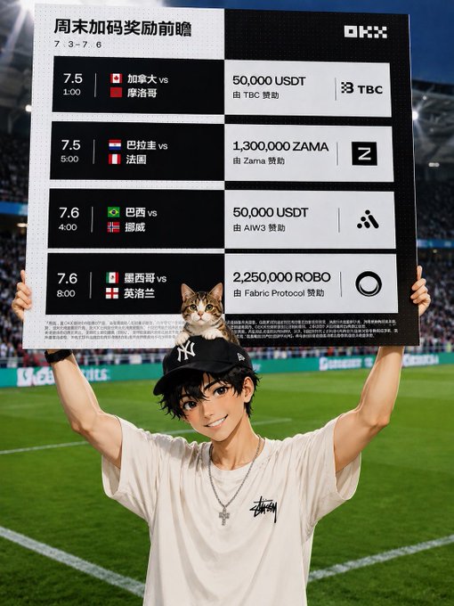 A fan holds up a board listing four weekend match prize pools sponsored by OKX, TBC, Zama, AIW3, and Fabric Protocol—including 50,000 USDT, 1,300,000 ZAMA, and 2,250,000 ROBO—while wearing a NY Yankees cap with a cat perched on top, playfully echoing his boast about winning back losses this weekend.
