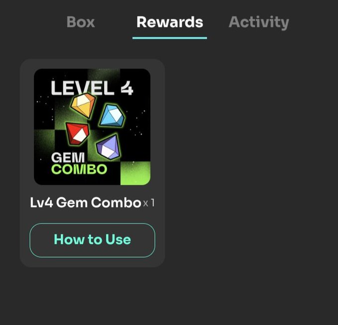 Mobile app 'Rewards' screen showing a 'LEVEL 4 GEM COMBO' loot box with a 'How to Use' button.