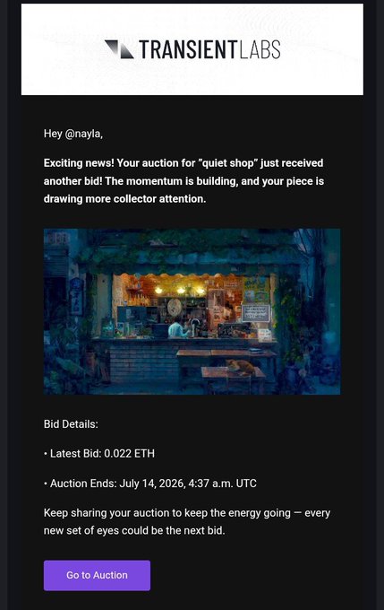An email from TRANSIENT LABS addressed to @nayla announces a new bid on her 'quiet shop' auction piece, with the latest bid at 0.022 ETH and auction ending July 14, 2026.