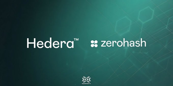 The image features a logo for a company named "Zero Hash" that is associated with another company, "Hedera", which is known for its cryptocurrency services. The logo includes a white "H" and a green "E". Below this logo, there are two lines of text in white font that read "Hedera" and "zerohash". These texts are positioned at the bottom of the image. Additionally, there is a small image of a hexagon with a dot inside it located below the "H" line. The background color of the image is green, which complements the logo colors.
