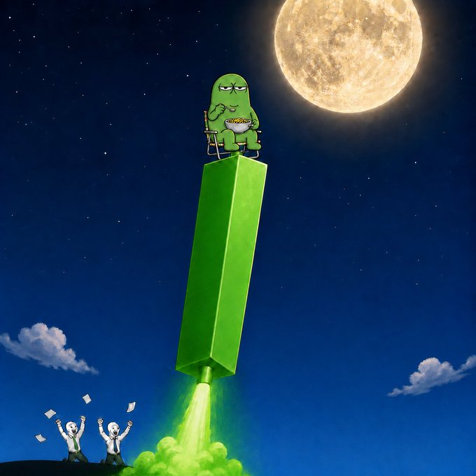A green humanoid figure sits atop a giant rocket-like green candle, casually eating a bowl of cereal beneath a full moon, while two excited businessmen cheer with money below as green smoke billows from the launch. The surreal scene visually embodies the post's message about Morphy ($Morphy) staying consistently "green" and profitable, in contrast to the chaotic, unpredictable crypto market causing panic among traders.