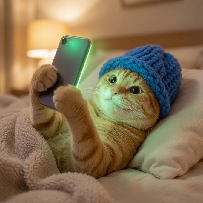 An orange tabby cat wearing a blue knitted beanie, lying on a bed while holding and looking at a glowing smartphone.
