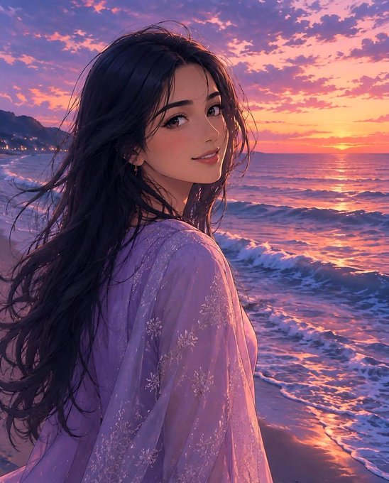 An anime-style illustration of a young woman with long dark hair wearing a sheer purple floral garment, standing on a beach at sunset with pink and orange skies reflecting on the ocean waves.