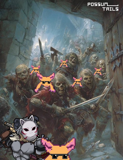 A dark fantasy artwork titled 'POSSUM TAILS' showing a horde of zombie-like creatures wielding weapons, overlaid with multiple orange pixel art figures and a masked character in the corner.