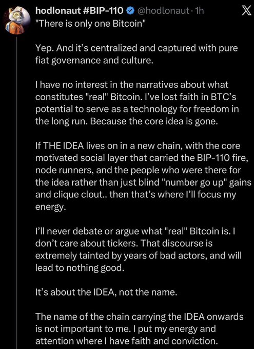 A tweet from @hodlnaut (#BIP-110) declaring that while "There is only one Bitcoin," it has become centralized and captured by fiat governance, leading him to focus his energy on a new chain that preserves the core idea of financial freedom rather than pursuing gains or tribal name-debates—aligning with the caption's praise for his ideological clarity and self-awareness in navigating crypto's chaos.