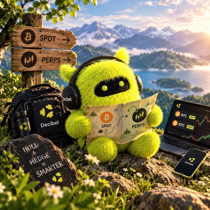 A green fuzzy mascot wearing Decibel-branded headphones sits on a rock in a mountain landscape, holding a map labeled 'SPOT' and 'PERPS', with a signpost pointing to 'BTC SPOT' and 'PERPS', alongside a Decibel backpack and laptop trading charts. A rock reads 'HOLD + HEDGE = SMARTER'.