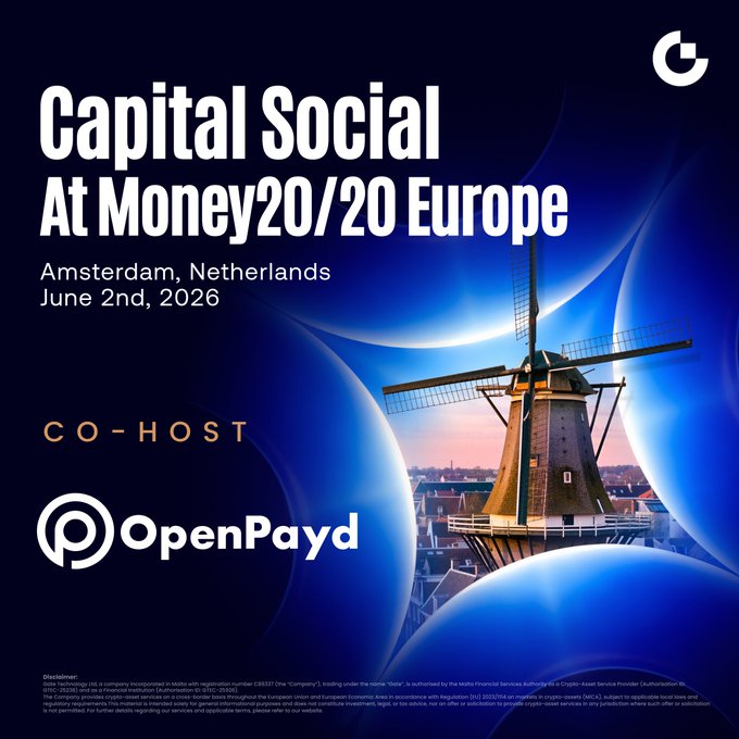 The image features a windmill with a city skyline behind it, set against a blue background. The text on the poster reads "Capital Social at Money20/20 Europe" and "OpenPayd as a co-host of Gate".