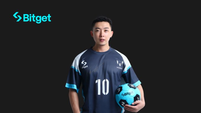 An esports player wearing a Bitget jersey with the number '10', holding a branded ball, against a black background with the Bitget logo.