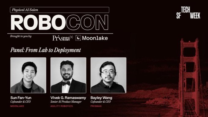 A promotional banner for 'TECH WEEK SF ROBOCON' panel titled 'From Lab to Deployment', featuring headshots of speakers Sun Fan-Yun (Moonlake), Vivek G. Ramaswamy (Agility Robotics), and Bayley Wang (Prismax).