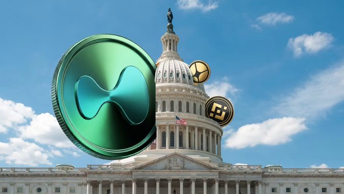 A composite image showing the U.S. Capitol building under a blue sky, overlaid with large 3D cryptocurrency coins including a green XRP coin and a gold BNB coin.