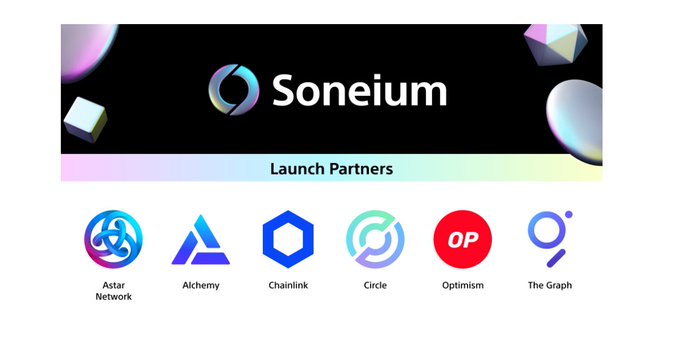 The image displays the Soneium logo as a banner with "Launch Partners" beneath it, showcasing the logos of Astar Network, Alchemy, Chainlink, Circle, Optimism, and The Graph. These partner logos visually represent the established blockchain and Web3 infrastructure companies supporting Soneium's mainnet launch as Sony's Ethereum Layer 2 solution on the Optimism Superchain, reinforcing the post's mention of its creator-focused, accessible Web3 ecosystem.