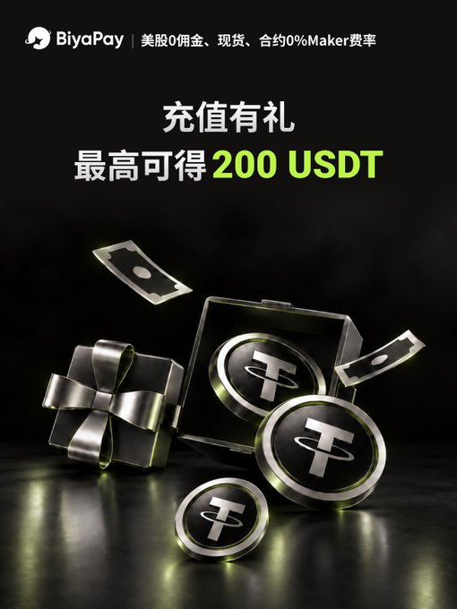 An advertisement for BiyaPay offers a deposit bonus of up to 200 USDT, featuring the text '美股0佣金、现货、合约0%Maker费率' alongside 3D graphics of a gift box, cash, and Tether (USDT) coins.