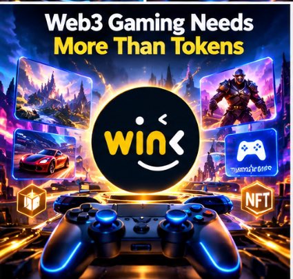 A vibrant "Web3 Gaming Needs More Than Tokens" graphic featuring a central wink-face "WIN" logo surrounded by gaming imagery including a controller, a sports car, a warrior character, and NFT-related elements.