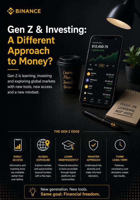 This Binance graphic highlights “Gen Z & Investing: A Different Approach to Money?” and shows a phone displaying a $12,450.75 portfolio alongside Bitcoin, Ethereum, BNB, and other assets. It reinforces how Gen Z combines early, tech-enabled access with global exposure, independent learning, smarter risk management, and a long-term focus on financial freedom.
