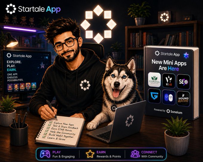Promotional graphic for 'Startale App' featuring a man with glasses and a husky dog in a tech-themed room with neon lights, highlighting 'New Mini Apps Are Here' with icons for various apps including Konana, Web3, SEO, and more.