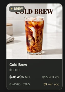 The image displays a sleek product card featuring "COLD BREW" priced at $38.49K MC with a 24-hour volume of $55.28K, showing a glass of iced cold brew coffee with swirling cream. The caption highlights finding a "genny pair" on $Brew $Cold paired with $Brew, humorously noting the connection to the cold brew theme, and noting the meme was posted 39 minutes ago on the address @xd595...33b5.