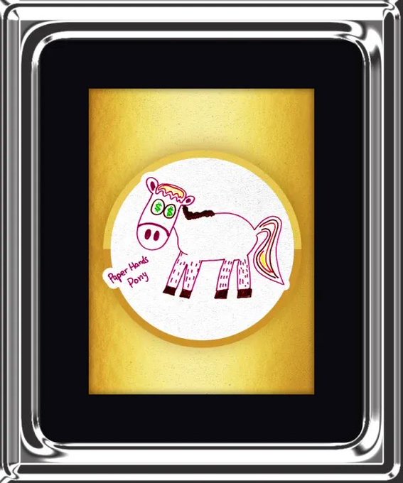 A children's craft project featuring a pink pony drawing labeled 'Paper Hands Pony' displayed in a silver frame on a yellow background.