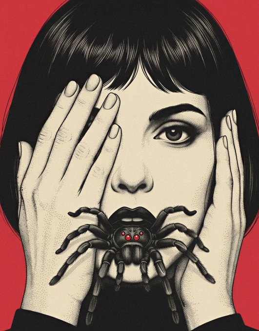 The image features a woman with black hair wearing a black dress who is holding a spider over her face, covering half of her face. The background color is red, which contrasts with the black elements in the scene. There are no texts or other objects present in the image.