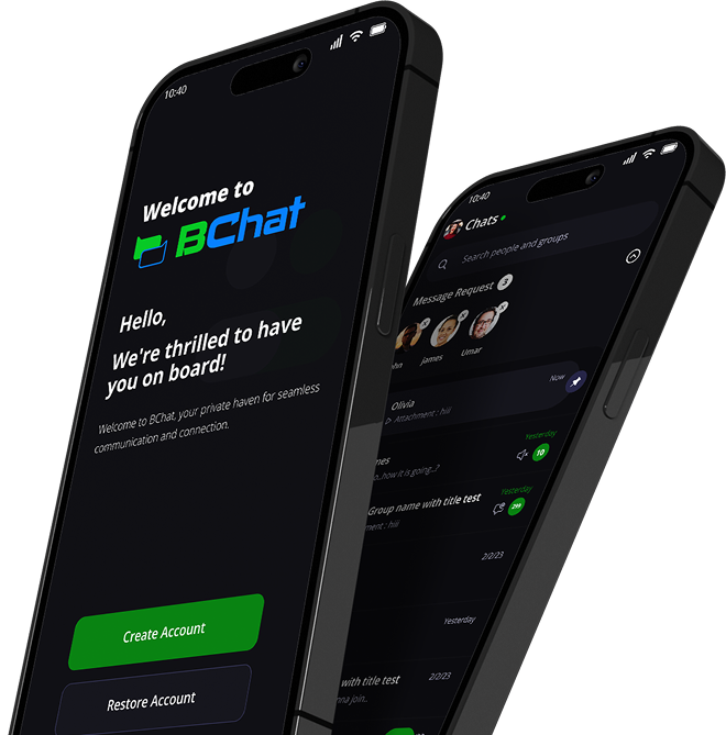 Two smartphones displaying the BChat messaging app welcome screen on a dark theme with a 'Create Account' button, alongside a chat interface showing message requests and group chats.