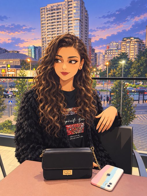 An illustrated anime-style portrait of a woman with long curly brown hair in a black fuzzy jacket, sitting at a table with a black handbag and pastel iPhone, with a cityscape behind her.