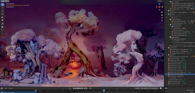 A Blender 3D viewport showing a fantasy scene with stylized pink and white trees, a small wooden house, and purple-pink lighting, with a node-based compositing/material panel on the right side.