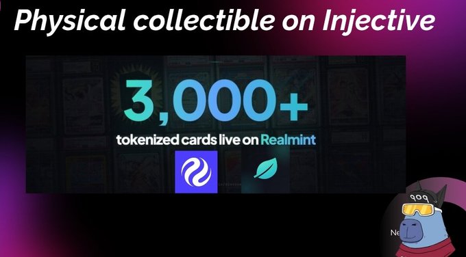 The image features a cartoon graphic of a person wearing a red hat with an "injective" label in blue. The person is standing next to a black background, behind which there's a purple background. On this purple backdrop, there are three texts about physical collectible cards on injective and the related marketplace. The primary focus of the image seems to be promoting Injective ecosystem for collecting cards or tokens that can be used in the gaming world specifically for trading Pokémon cards.