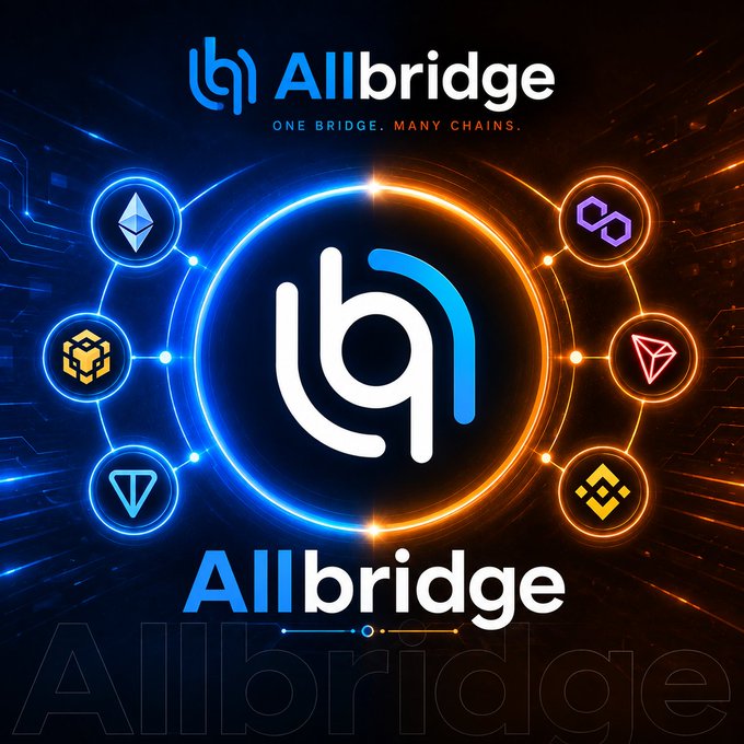 A promotional graphic for Allbridge featuring the tagline 'ONE BRIDGE. MANY CHAINS.' surrounded by various cryptocurrency chain logos including Ethereum and Tron.