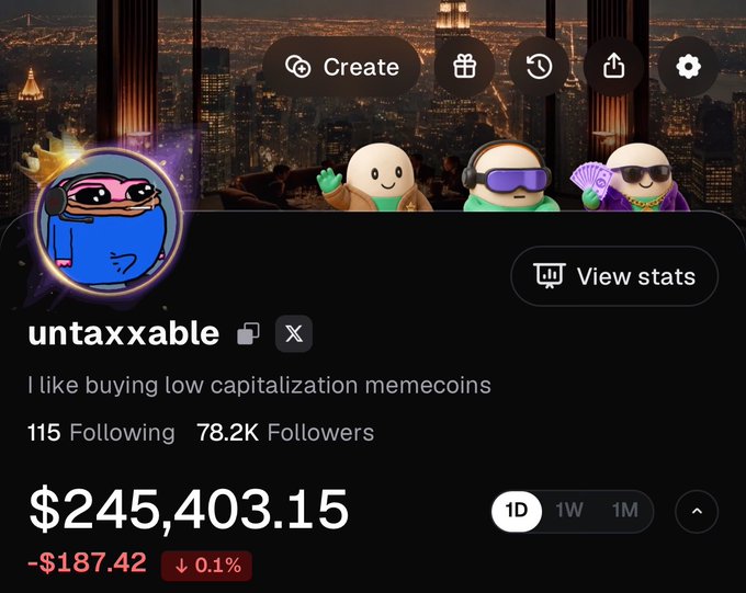 The image shows a Pumpfun profile for "untaxxable" displaying 78.2K followers, a bio reading "I like buying low capitalization memecoins," and a portfolio value of $245,403.15 (down 0.1%), with cartoon avatars against a cityscape background. The post relates to the image by highlighting the account's follower count of 78.2K, noting they are approaching their 100,000 follower milestone on the Pumpfun mobile app.