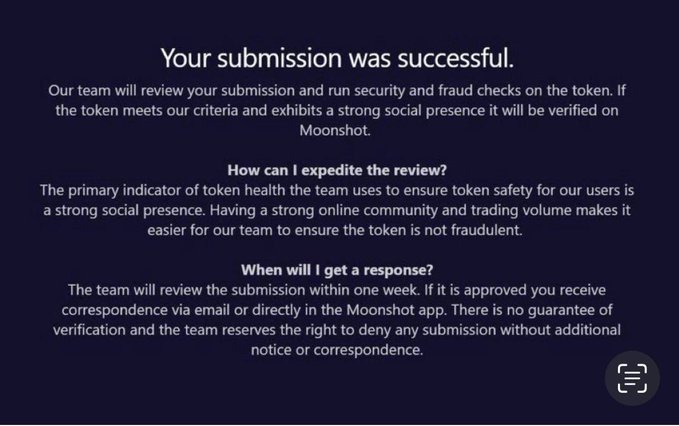 A dark-themed confirmation screen stating "Your submission was successful" with details about a review process for a Moonshot token verification, mentioning security/fraud checks, social presence requirements, and a one-week review window. The post celebrates applying for "$SHARKCAT" verification on Moonshot, with the image serving as proof of the successful submission application.