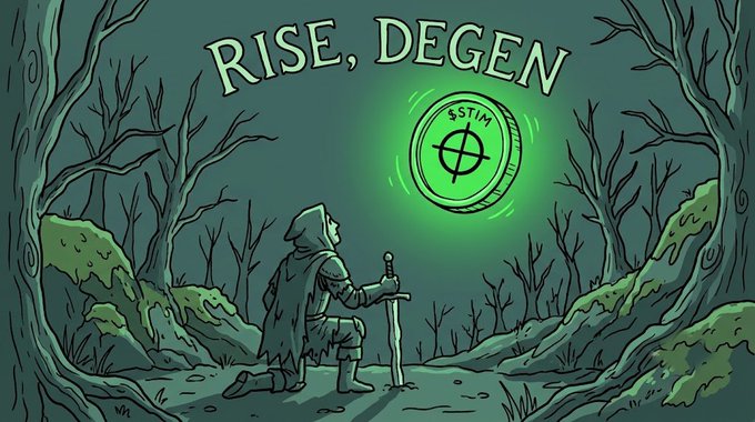 An illustrated artwork with the text 'RISE, DEGEN' depicting a hooded figure holding a sword, kneeling before a glowing green circular '$STIM' token emblem in a dark forest setting.