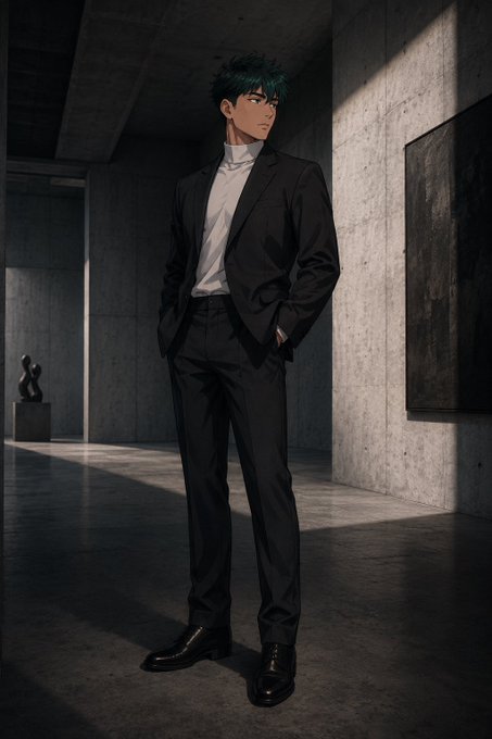 An anime-style illustration of a man with teal hair wearing a black suit and white shirt, standing in a concrete room next to a modern art sculpture and a dark painting.