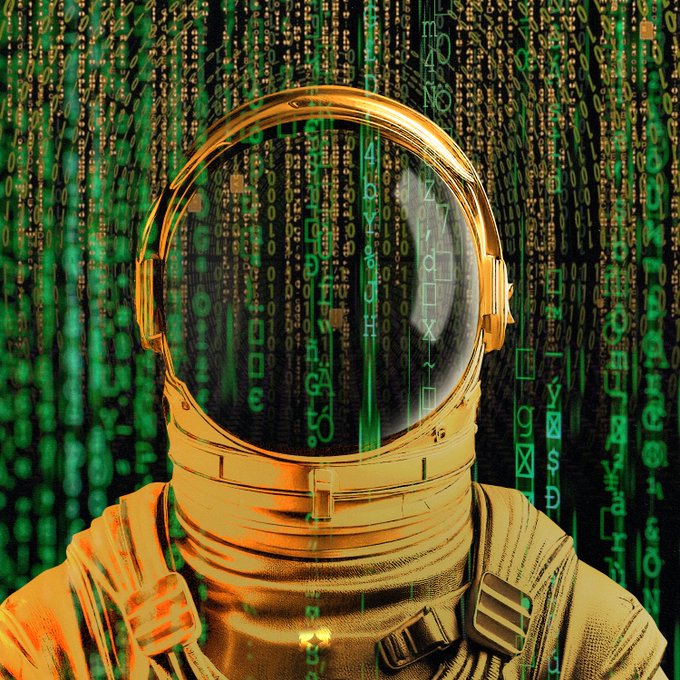 A digital art image of an astronaut in a golden spacesuit helmet against a backdrop of cascading green code resembling the Matrix.