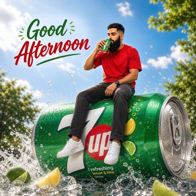 A 7UP advertisement showing a bearded man in a red shirt and black pants sitting on a giant green 7UP can drinking from a smaller can, with 'Good Afternoon' text and 'refreshing lemon & lime taste' tagline.
