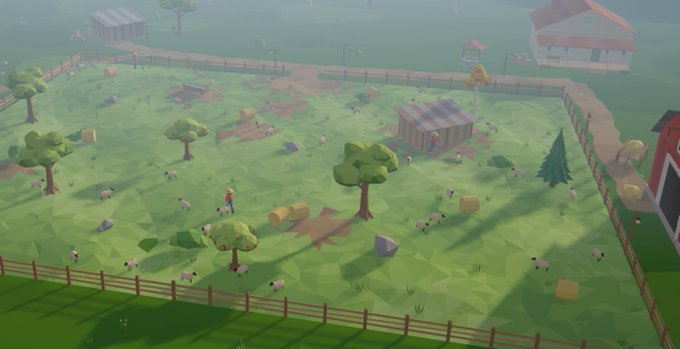 An isometric view of a low-poly 3D video game farm scene with sheep, trees, fences, hay bales, and small buildings.
