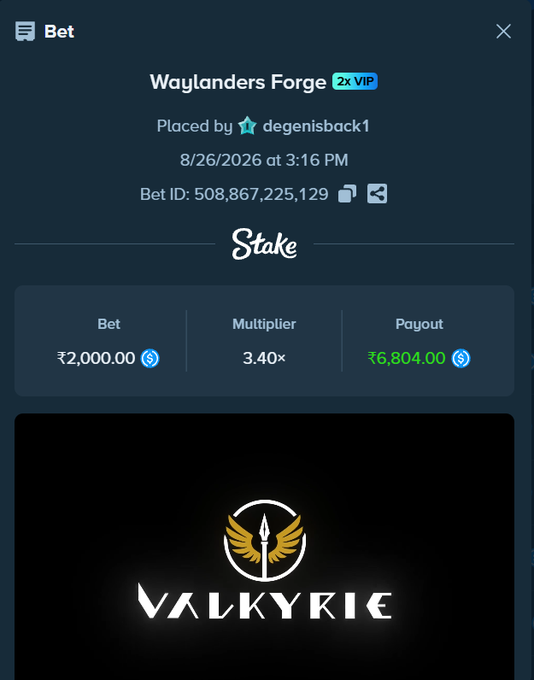 A Stake.com betting slip shows a bet on 'Waylanders Forge' for ₹2,000.00 with a 3.40x multiplier and a potential payout of ₹6,804.00.