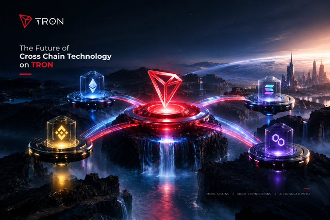 A promotional graphic for TRON blockchain featuring the text 'The Future of Cross Chain Technology on TRON' and 'MORE CHAINS / MORE CONNECTIONS / A STRONGER WEB3', showing interconnected glowing platforms with different crypto logos.