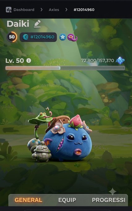 An Axie Infinity profile screen for an aquatic Axie named 'Daiki' (Lv. 50, #12014960), showing 72,800/157,370 XP and a blue creature with strawberry and frog accessories in a forest background.