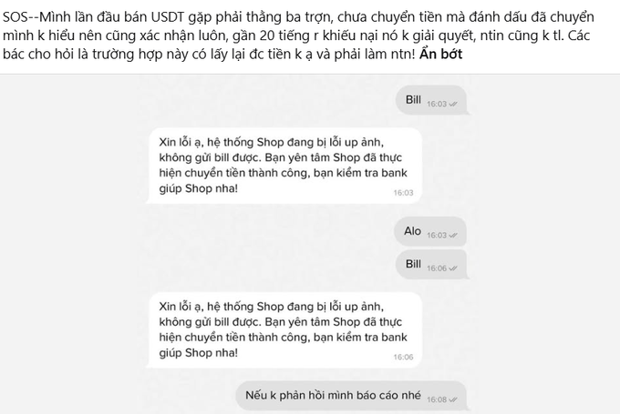 A Vietnamese text message conversation where the sender warns about being scammed selling USDT, with shop responses blaming 'system updates' for unconfirmed transactions.