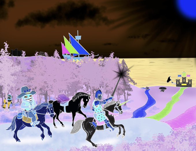 The image features a group of people riding horses through a forested area with purple trees. They are following a path illuminated by blue light that leads them towards a castle, which is also colored purple. The background shows a sunset over the ocean, creating a serene and magical atmosphere. The post suggests that there might be an avalanche or a chain reaction in progress, leading to prosperity for those who follow the green colors.